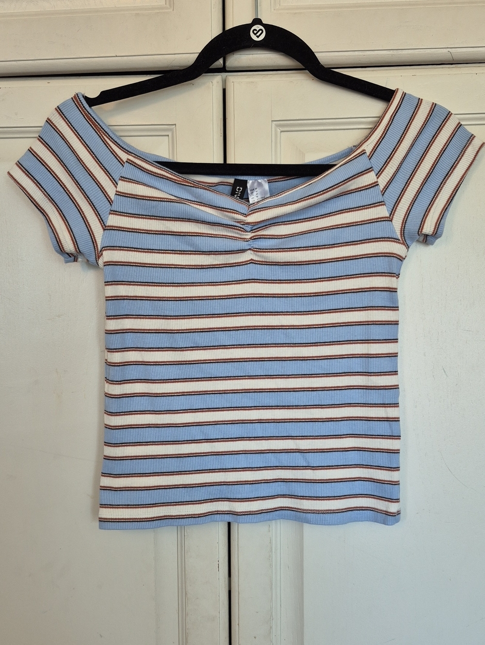 Ribbed Cropped Off-Shoulder Striped Top - Light Blue